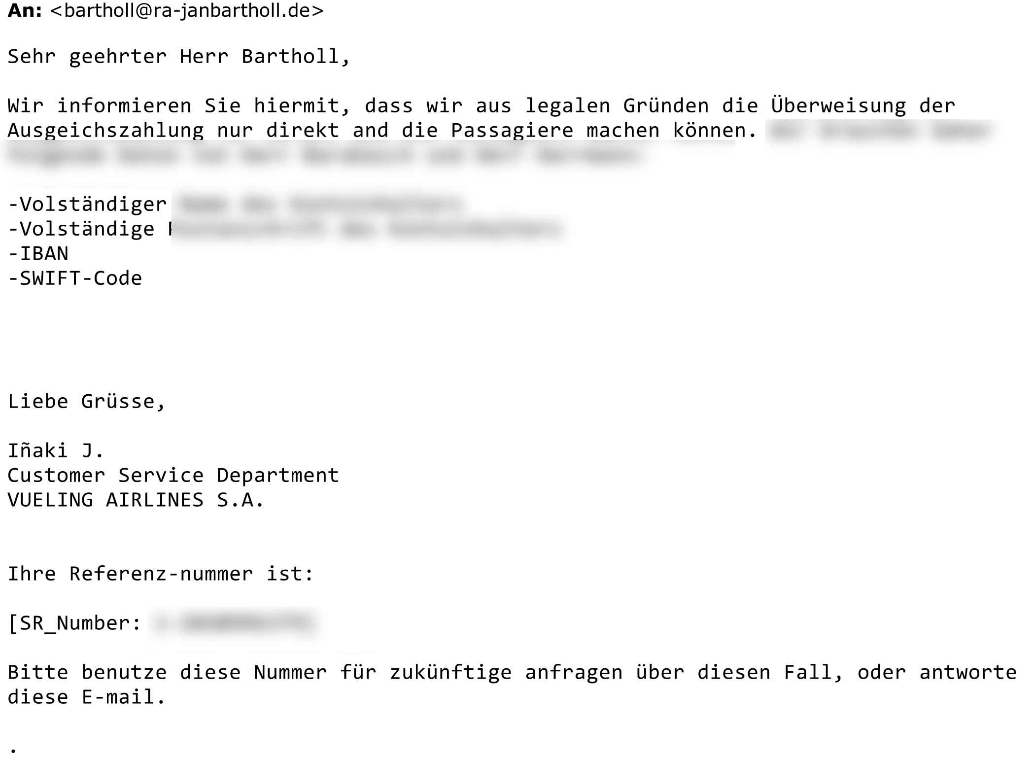 Vueling Flugverspätung Umbuchung Email