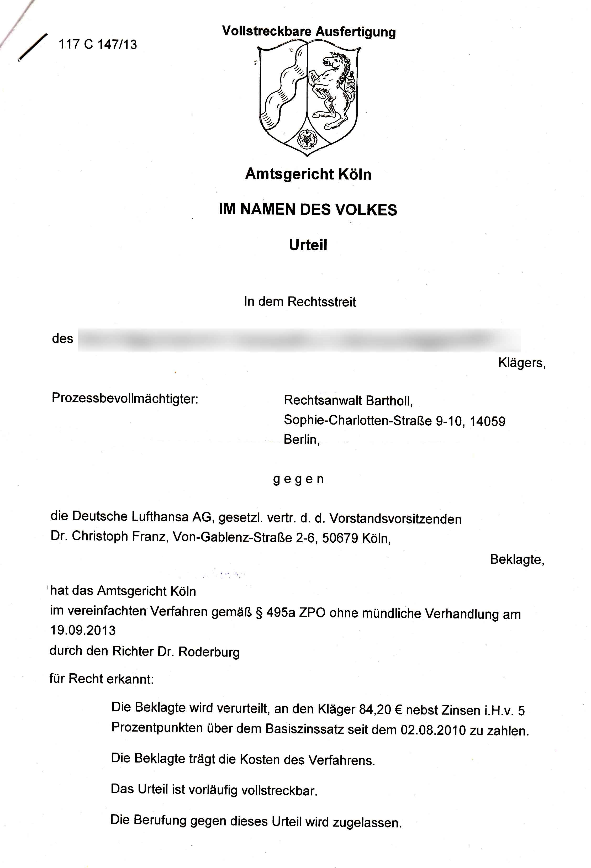 Lufthansa Entschädigung Flugverspätung AG Köln
