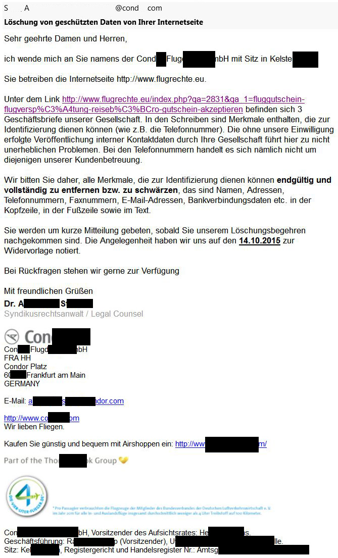 Condor lawyer cease and desist letter Germany