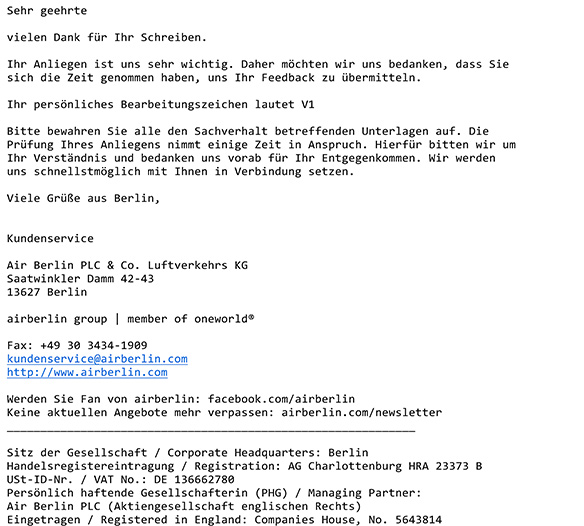 Air Berlin Flugverspätung Musterbrief